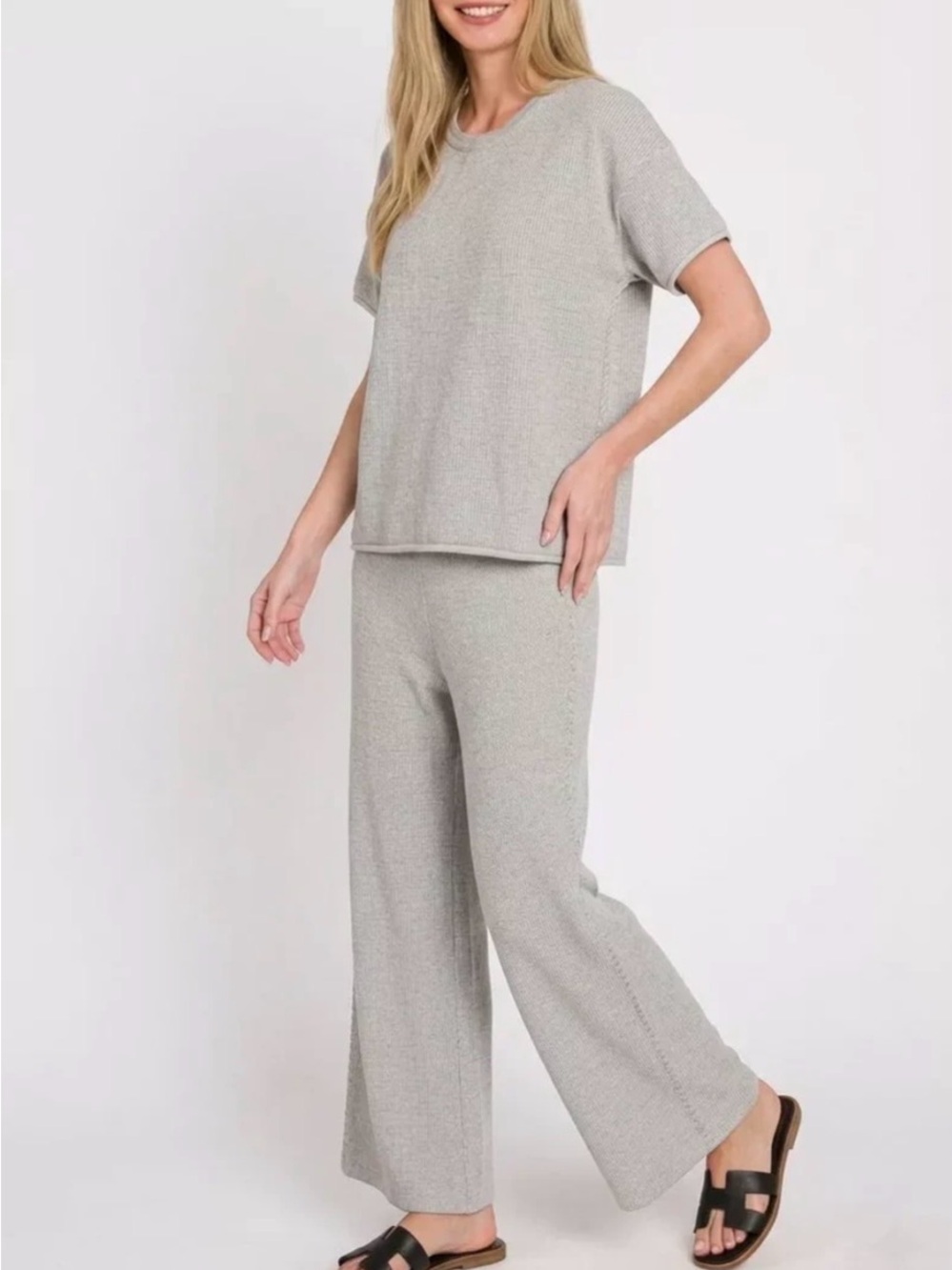 Zenana Outfitters Light Gray Zenana Viscose Round Neck Top & Pants Set - Picture 2 of 3